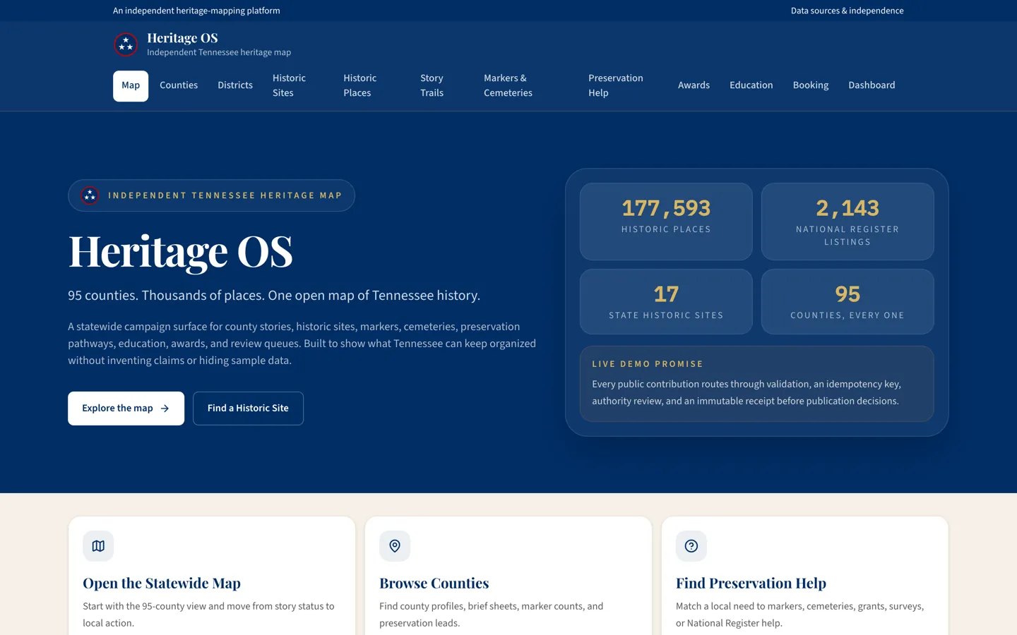 Heritage OS Tennessee homepage with statistics for historic places across all 95 counties.