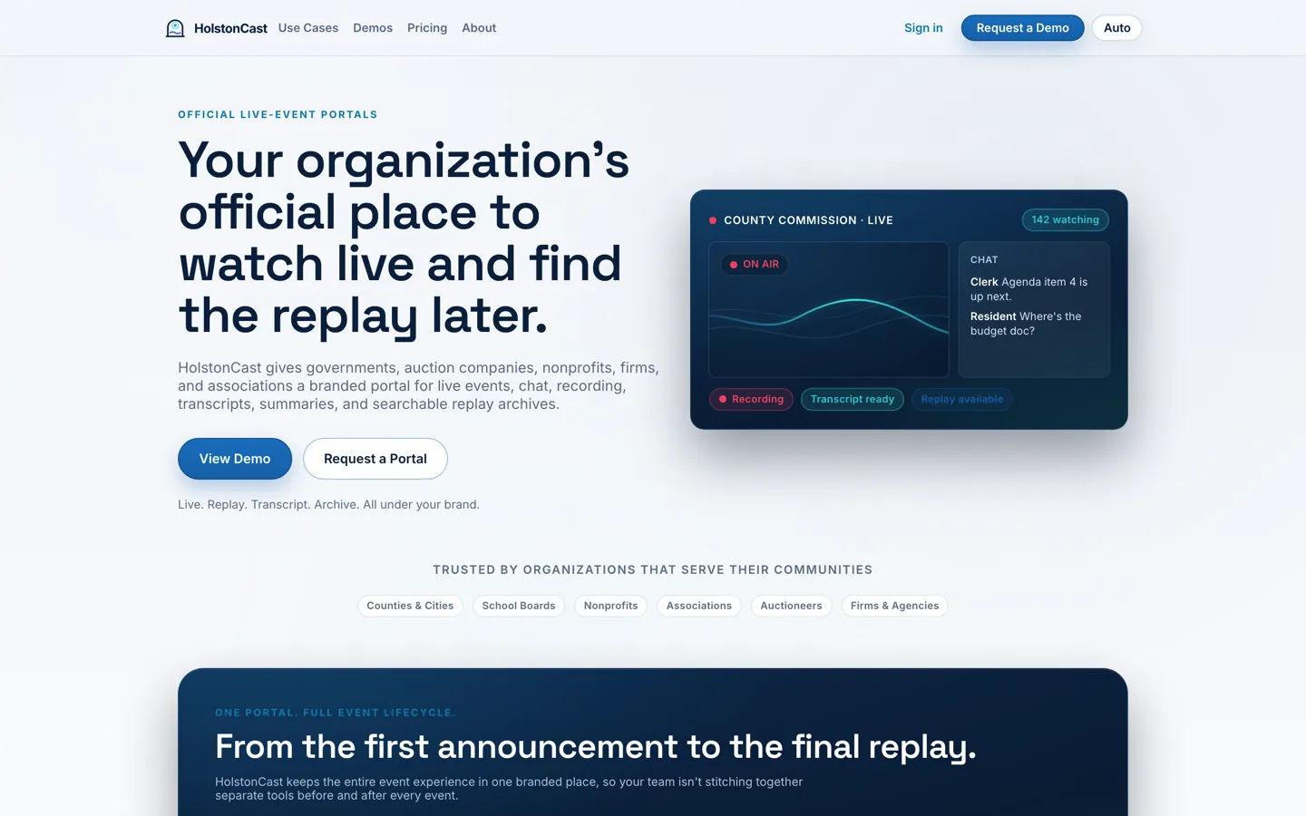 HolstonCast branded live-event portal with an on-air stream, chat, and recording badges.