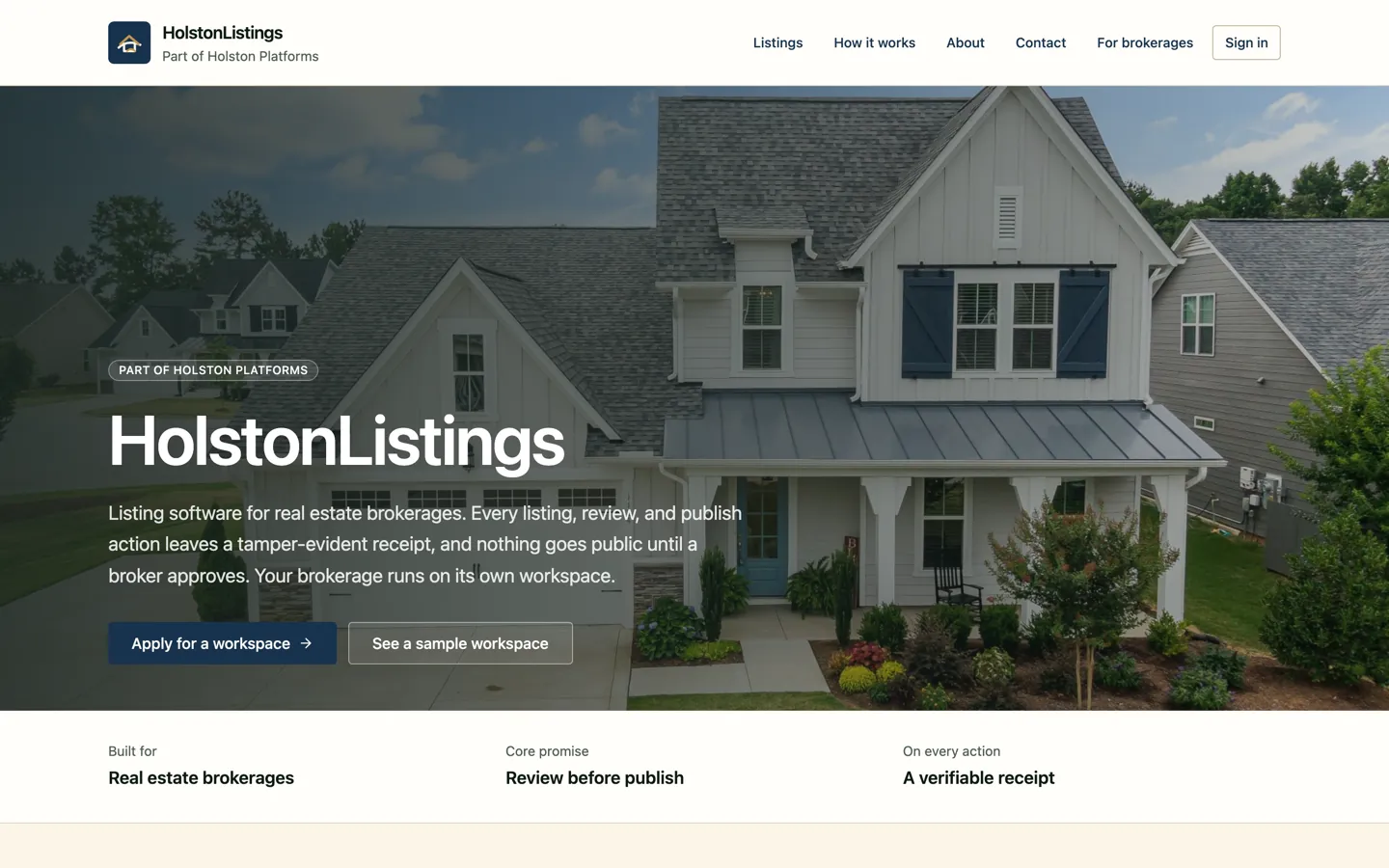 HolstonListings hero stating every listing action leaves a tamper-evident receipt.